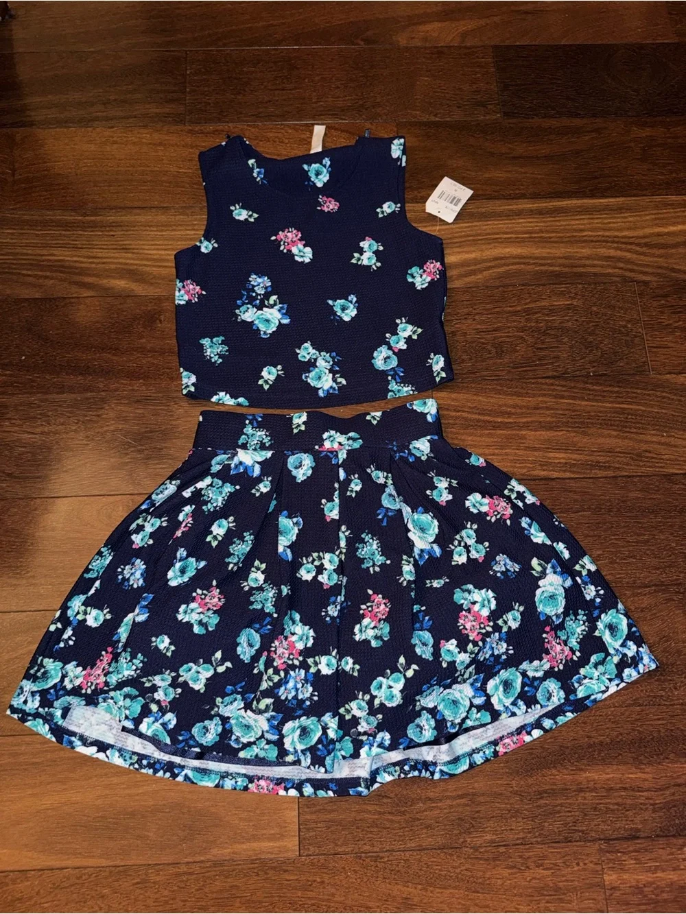 Knitworks Black Floral Girls Matching Crop Top and Skirt Set